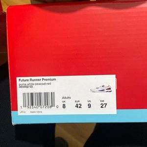 Puma future runner size 9, white, red and blue soft foam lightly worn